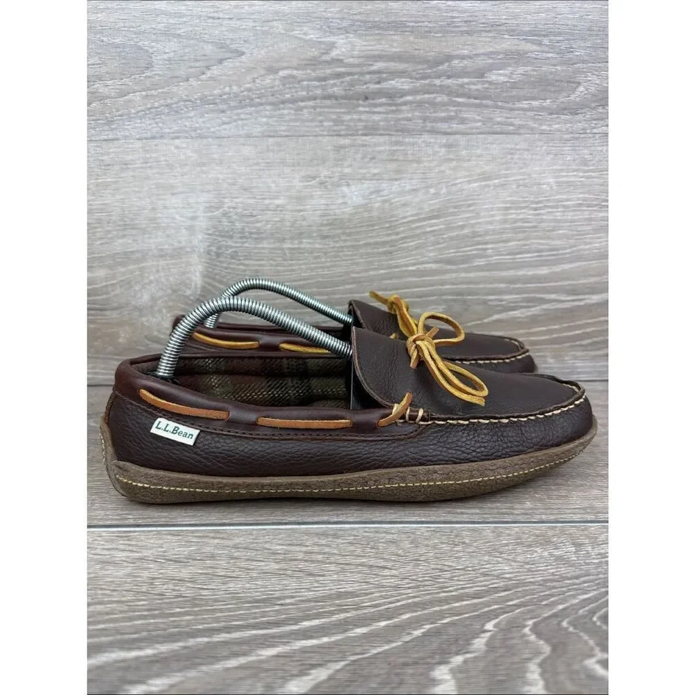 L.L. Bean Hand-Sewn Flannel Lined Men's Sz 9M Brown Slip On Moccasin Loafers